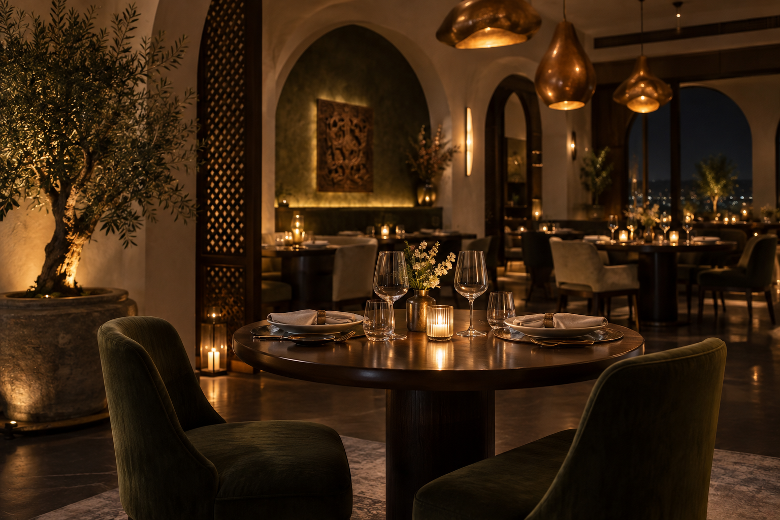 A candlelit Cafora table set for two